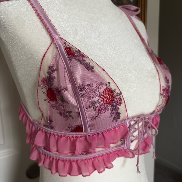 For Love And Lemons 💐 Rose Bloom Bralette Pink Floral Lace Tie-Front Bralette - Picture 2 of 7